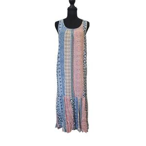 Boho Patchwork Maxi Dress Sleeveless Scoop Neck Tiered Hem Festival Dress